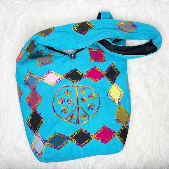 Teal blue multicolored embroidered peace hobo boho crossbody sling bag - Picture 1 of 5